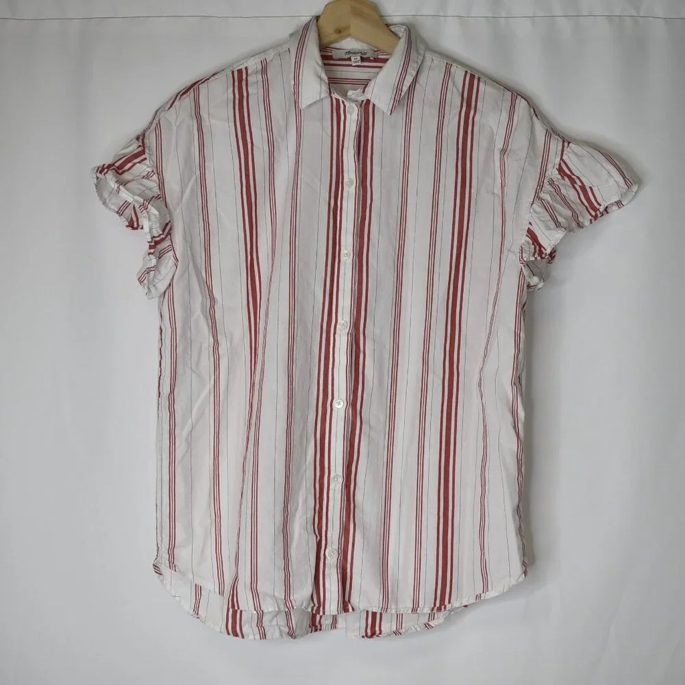 Madewell Women's Top Button Up Striped Central Ruffle Sleeve White Red - Picture 1 of 6